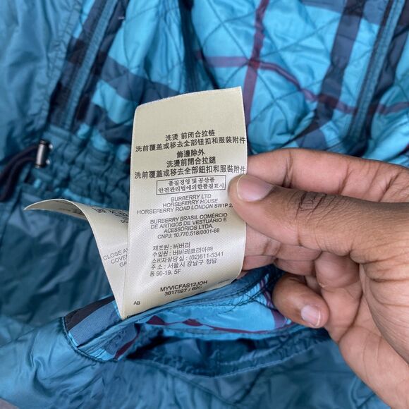 Burberry Brit Jacket Womens Small Teal Quilted Hooded Nylon Full Zip Plaid Lined - Picture 14 of 16